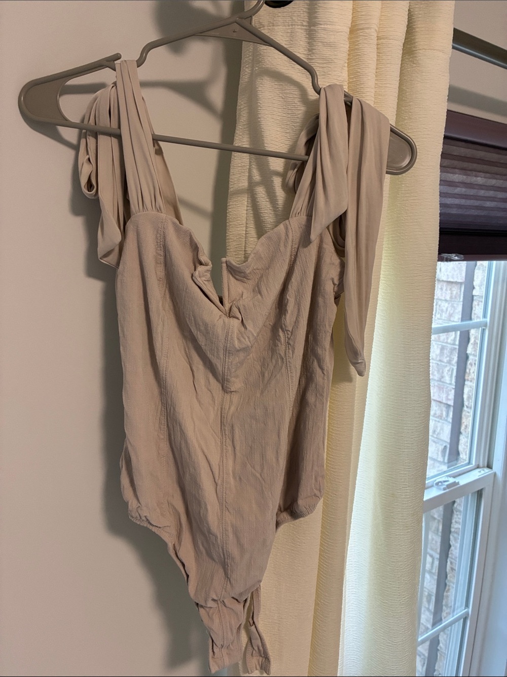 Free People Tie-Shoulder Bodysuit in Light Beige